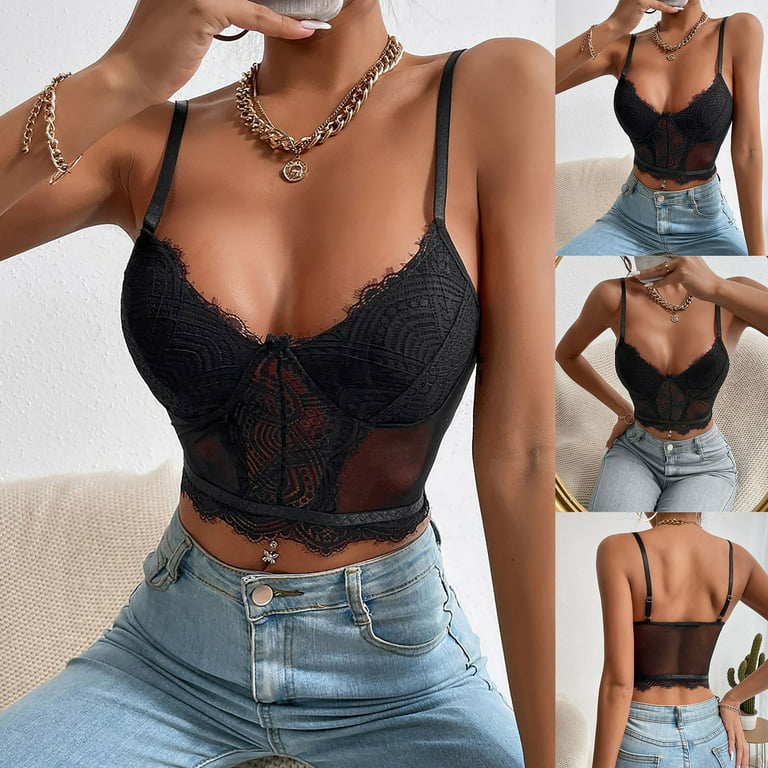 Womens Night Out Crop Tops Spaghetti Strap Sleeveless Deep V Neck Summer  Solid Color Bralette Underwire Support Lace Compression Plunge Corset Tops  Camisas 
