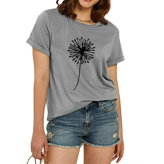 Dandelion Print Women Summer Plus Size Casual T-Shirt Short Sleeve Graphic Tees