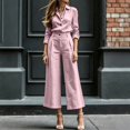 thumbnail image 7 of Cagogo Women's 2 Piece Set Long Sleeve Collared Shirt Wide Leg Pants Casual Outfit Solid Basic Tops Comfy Pants Matching Lounge Sets Travel Airport Clothes, Pink M, 7 of 7