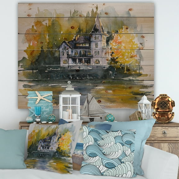 Designart 'Castle With Autumn Trees By The Lake' Lake House Print on Natural Pine Wood
