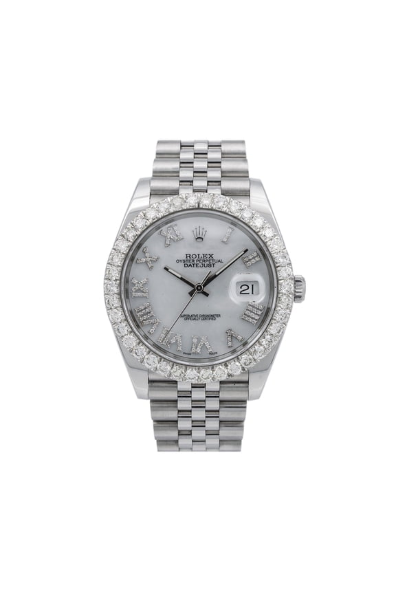 Pre-Owned Rolex Datejust 41MM 126300 White Mother of Pearl Roman Diamond Dial Diamond Bezel Stainless Steel Jubilee Bracelet