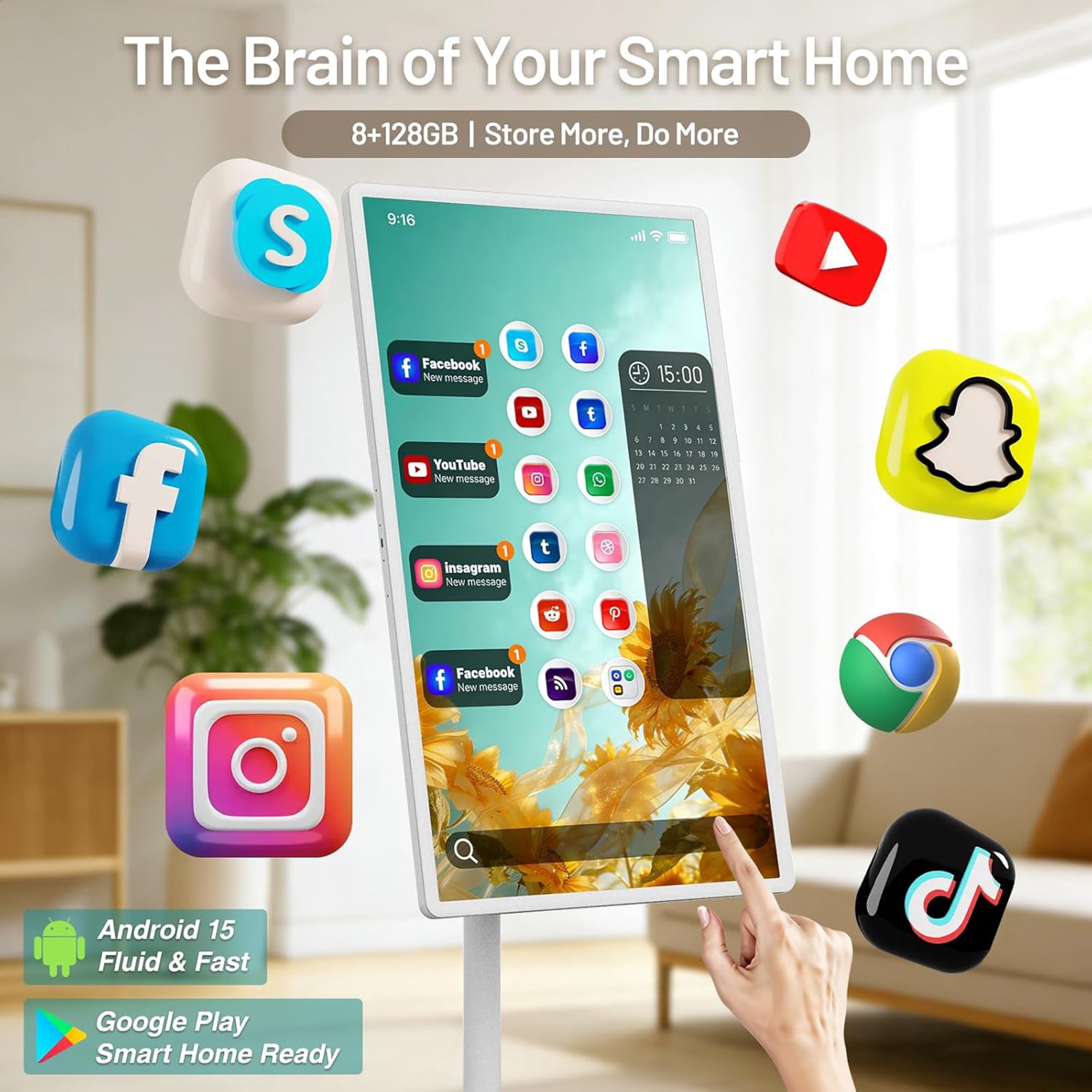 32" Smart Portable TV, FHD Touch Screen Monitor on Wheels, Voice Remote Control, Wireless Movable Display, Built-in Battery, Full Swivel Rotation, EDLA-Certified, for Home, Office & Entertainment