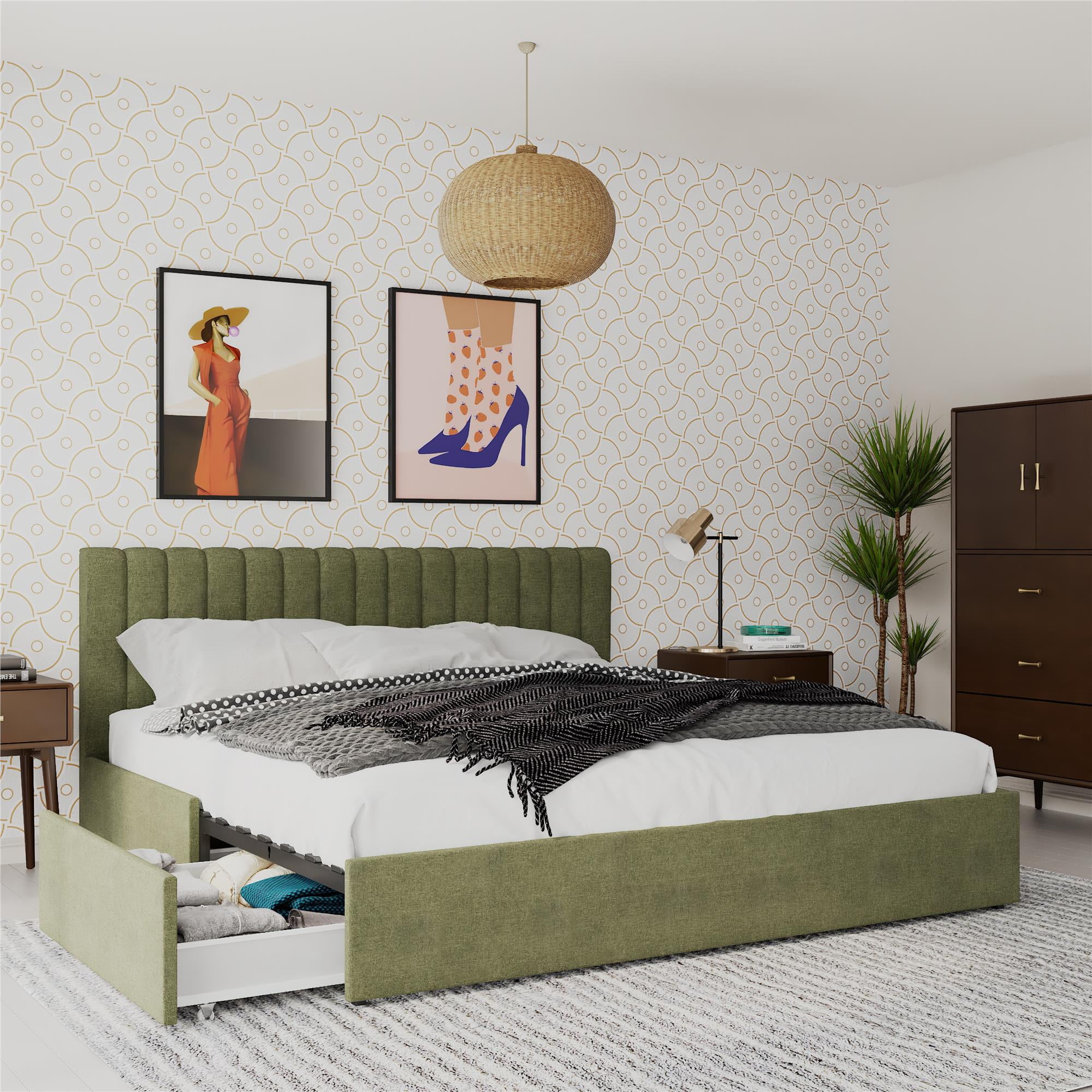 Novogratz Brittany Platform Bed Frame with Storage Drawers, King, Olive