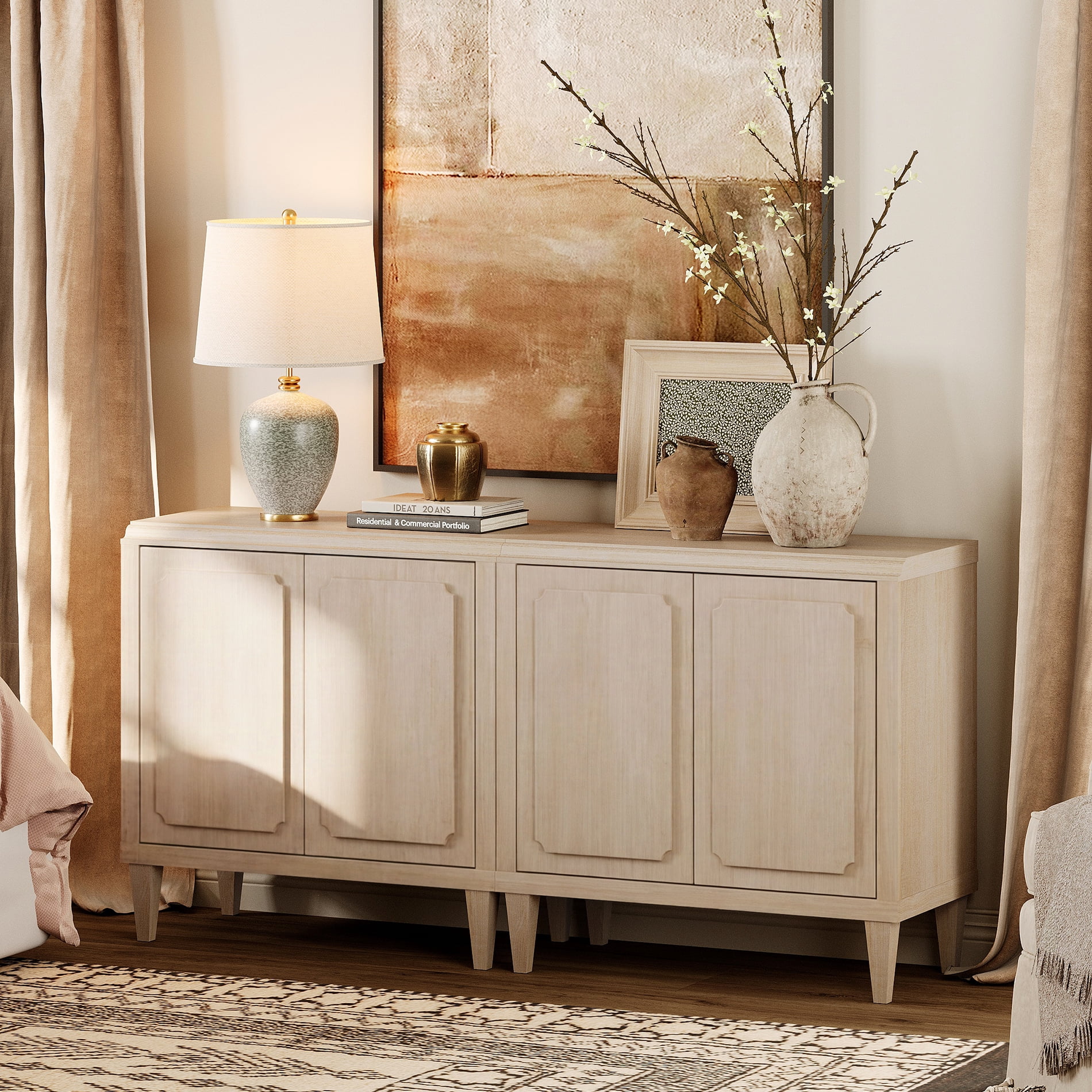 63" Oak Buffet Cabinet with Embossed Door, Modern Sideboard with Storage, Light Oak