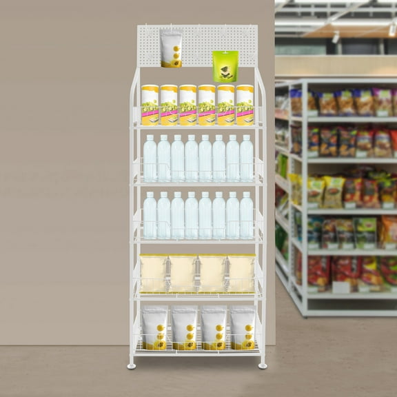 5-Tier Snack Candy Display Shelf Retail Display Cases w/ Hooks & Adjustable Feet 44.09 lbs Capacity 60*27*170 cm for Grocery Stores, Supermarkets, Bakeries