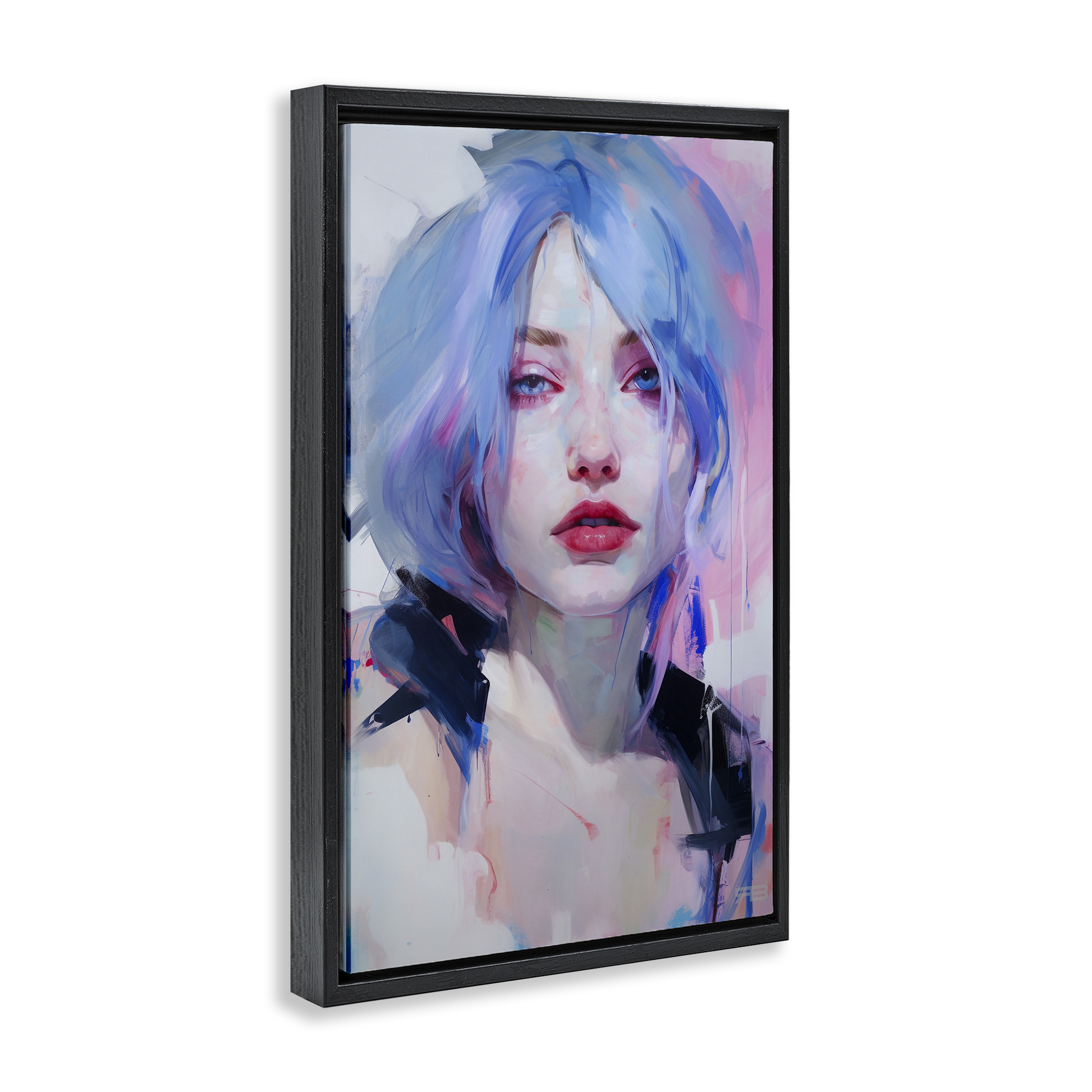 Stupell Industries Blue Haired Woman Visage Novelty Painting Black Floater Framed Art Print Wall Art, 17 x 25