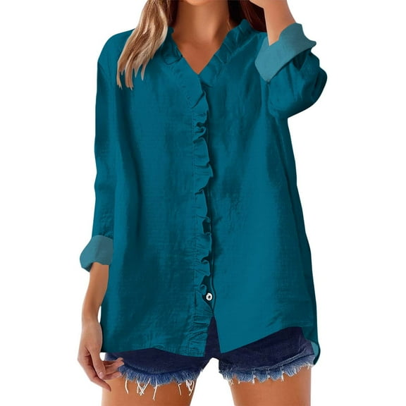 ManxiVoo Women's Ruffled V Neck Blouse Long Sleeve Loose Fit Patchwork Solid Color Button Down Shirt Elegant Casual Tops L Size Blue
