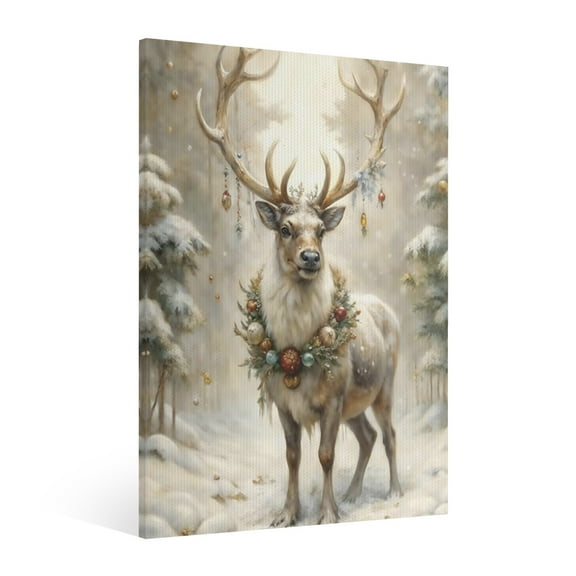 Vintage Christmas Elk Wall Art Paint - Retro Xmas Festive Winter Holiday Christmas Wall Decor Canvas for Living Room Kitchen Bathroom Home Bedroom Decor Framed