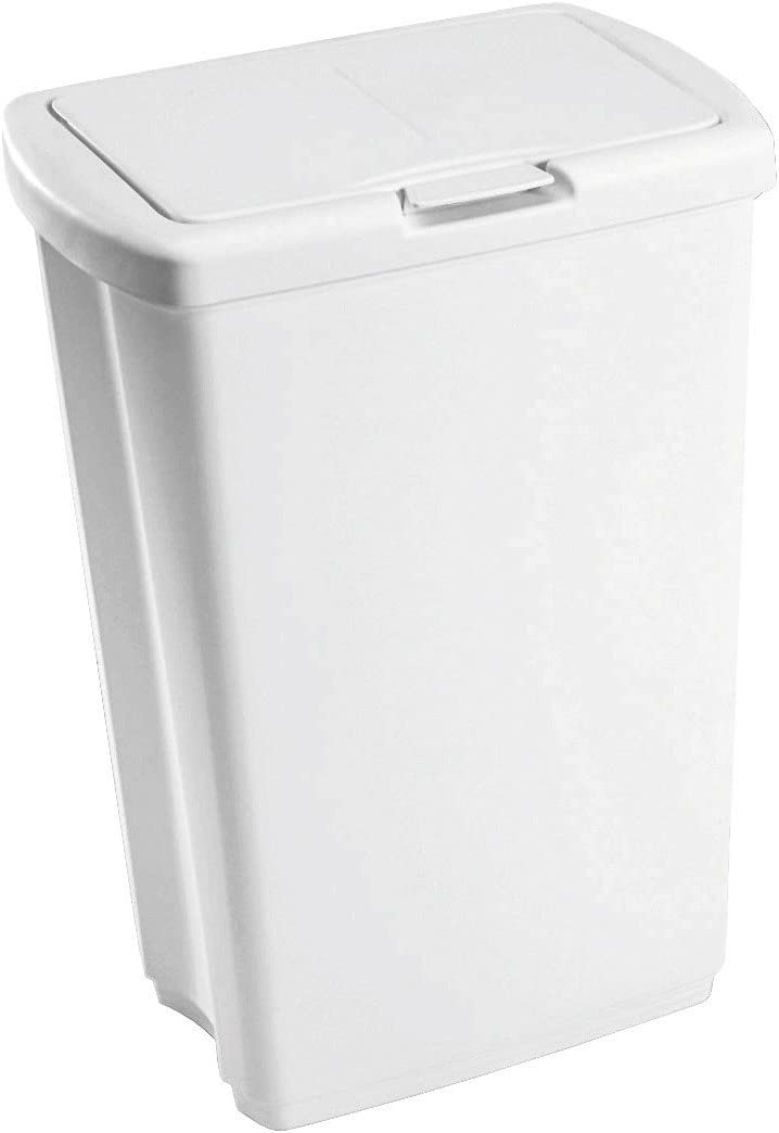Spring Top Kitchen Bathroom Trash Can with Lid, 13 Gallon White Plastic