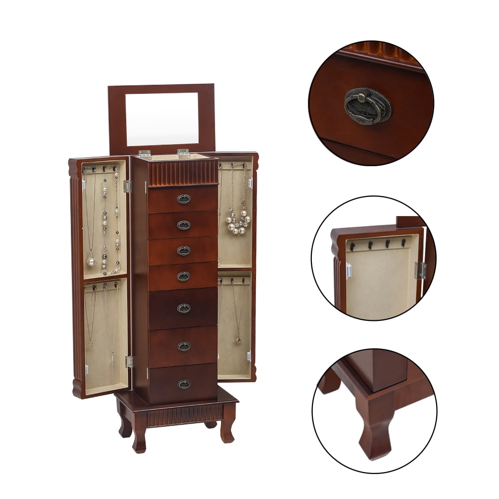Veryke Wooden Jewelry Cabinet Armoire Box Storage Chest Stand Organizer with Swing Door Necklace Hooks