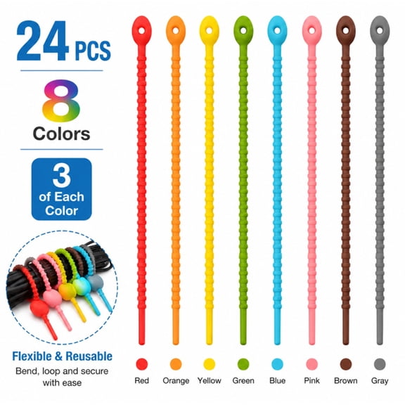 24 Pack Silicone Cable Ties, Rubber Twist Ties for Wire and Cord Management, TIKA