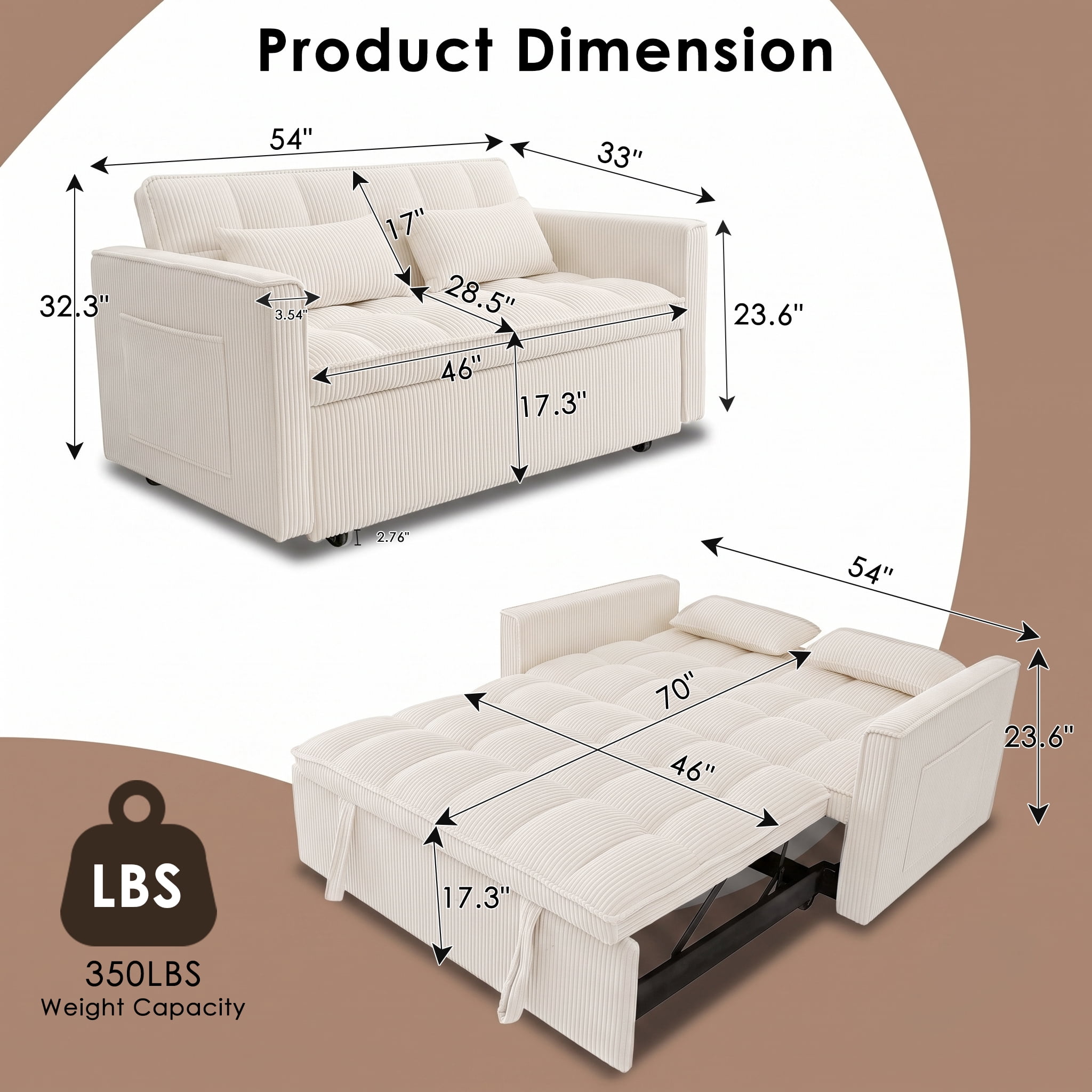 AISWORD Sleeper Sofa Bed, 3-in-1 Convertible Pull Out Couch with Adjustable Backrest for Living Room, Loveseat Sofa Bed with Side Pockets, Beige