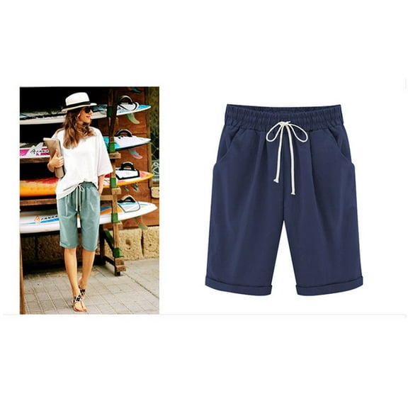 PBNBP Womens Linen Shorts,Women's Bermuda Shorts Linen Cotton Jersey Shorts, Long Shorts for Women Knee Length Lounge Athletic Drawstring Elastic Waist Shorts