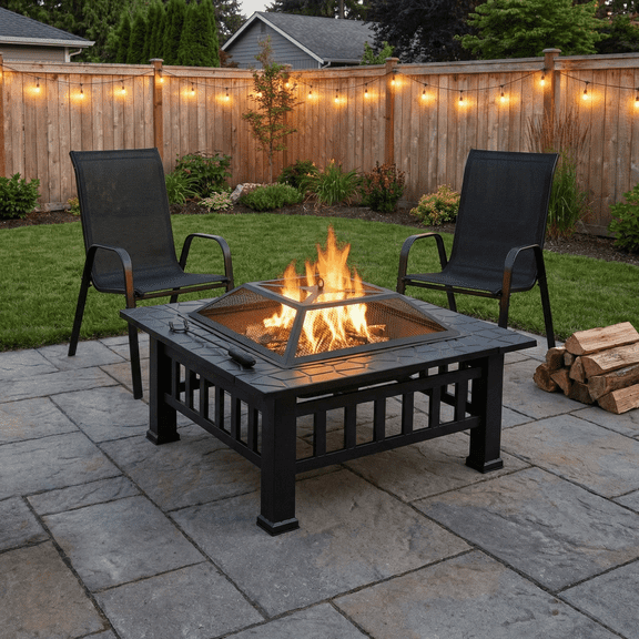 TLSUNNY 32'' Metal Fire Pits for Outside, Square Wood Burning Firepit Table, for Outdoor Patio Backyard Bonfire Party