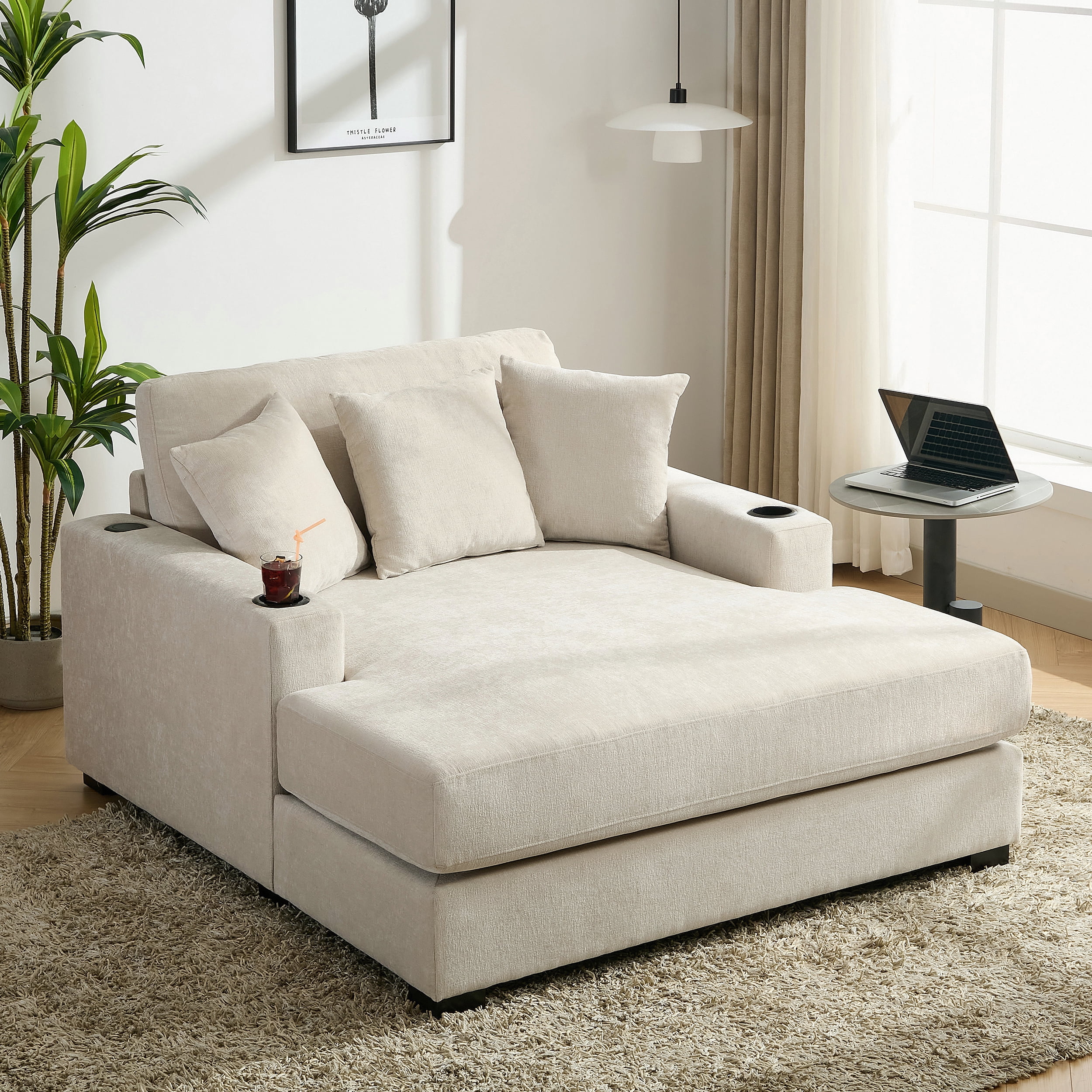 Euroco 55" Oversized Chaise Lounger Modern Style Sofa Couch ,with Pillows, Charge Station & Cup Holders, Chenille Fabric, Cream