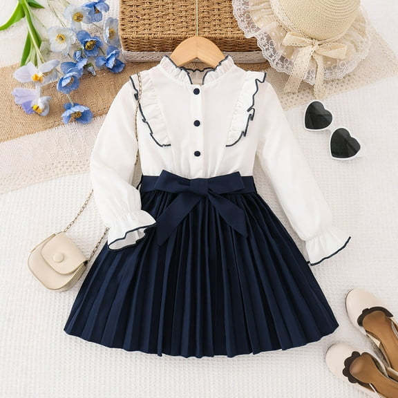 Spazoro Toddler Girls Princess Dress, Long Sleeve School Uniform Color Block Bow Knot Dresses for Party Black Size 3-4T