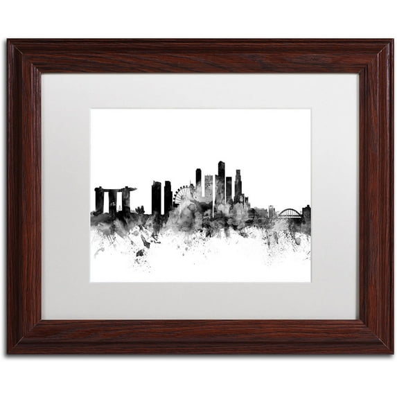 Trademark Fine Art "Singapore Skyline B&W" Canvas Art by Michael Tompsett, White Matte, Wood Frame