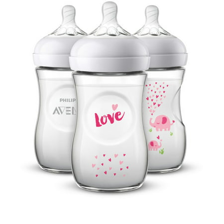 Philips Avent Natural Baby Bottle with Pink elephant design, 9oz, 3pk,