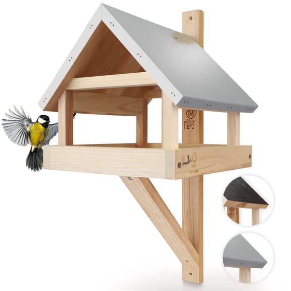 Wild Animal Heart XL Wooden Birdhouse with Weatherproof Metal Roof - Solid Wood Wall Bird Feeding House for Birds - Hanging Bird Feeding House