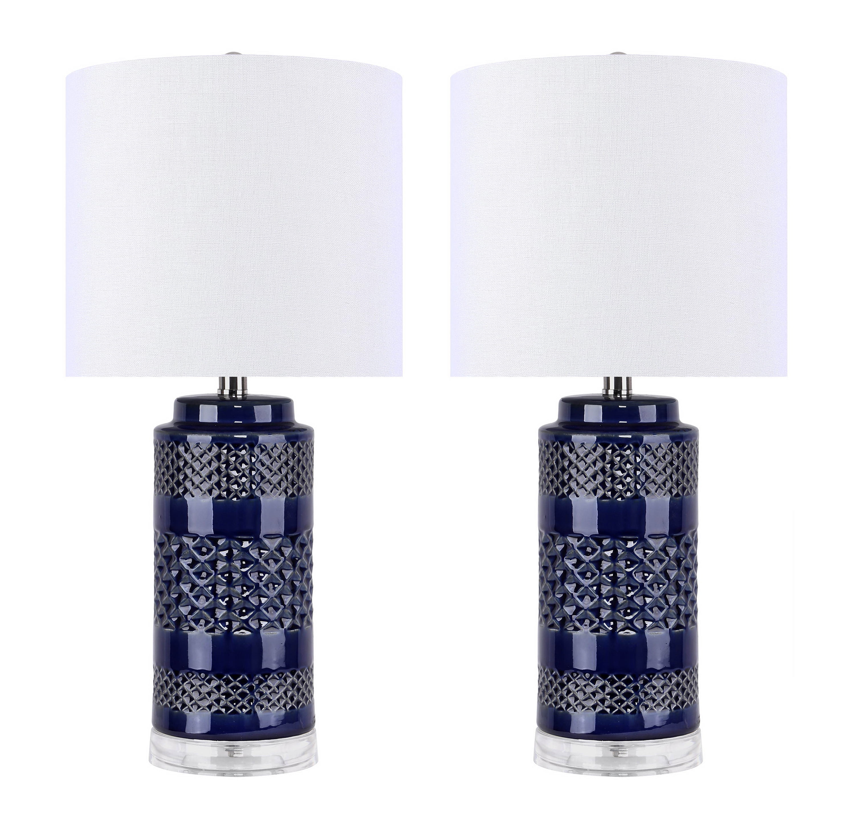 21" Navy Ceramic Table Lamp w/ Cylindrical Base & White Linen Shade ...