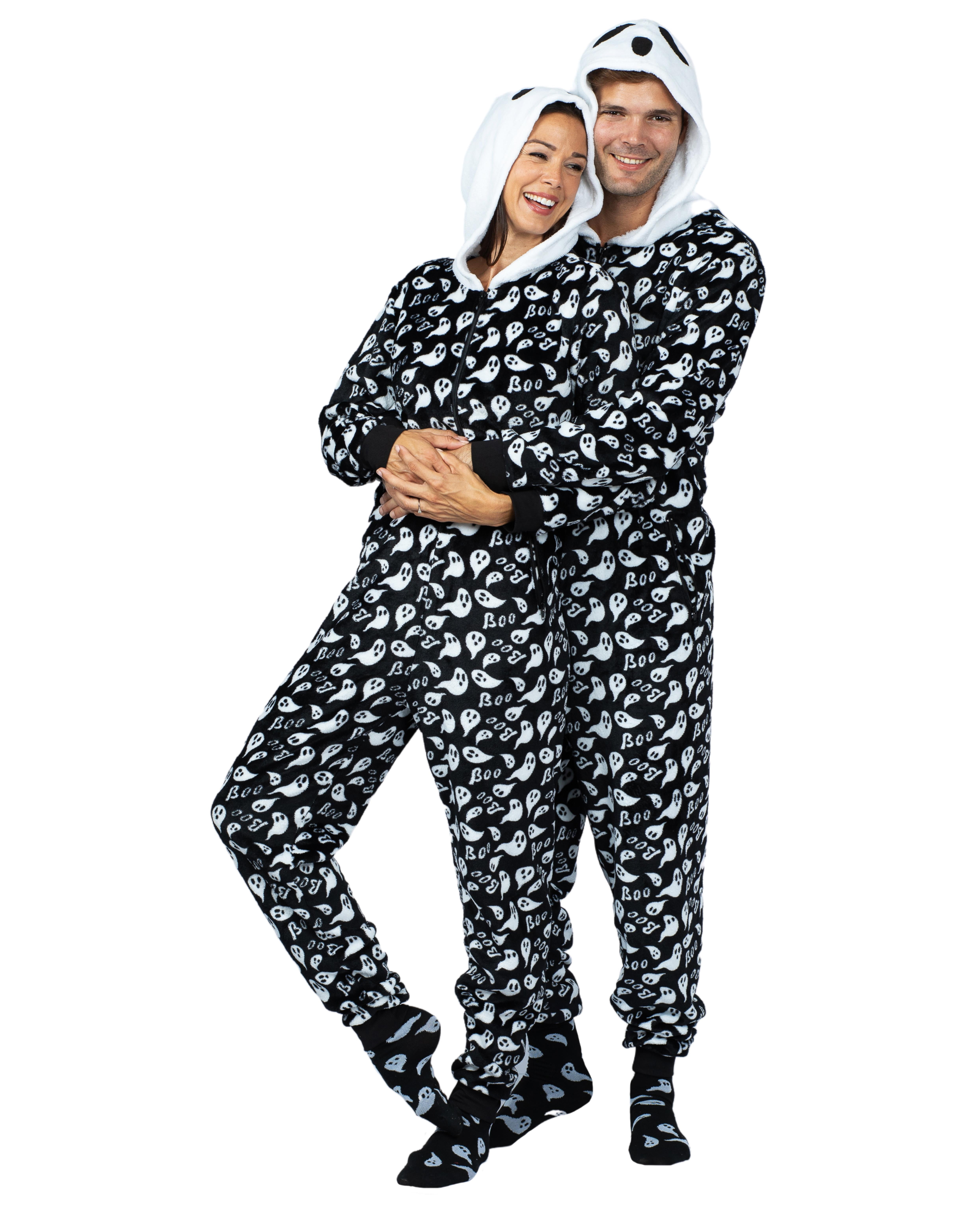 Holiday Matching Couples Costume Pajama Onesie With Socks and Mask, Ghost,  Devil, and Skeleton, Black Ghost (Women), Size: XL 