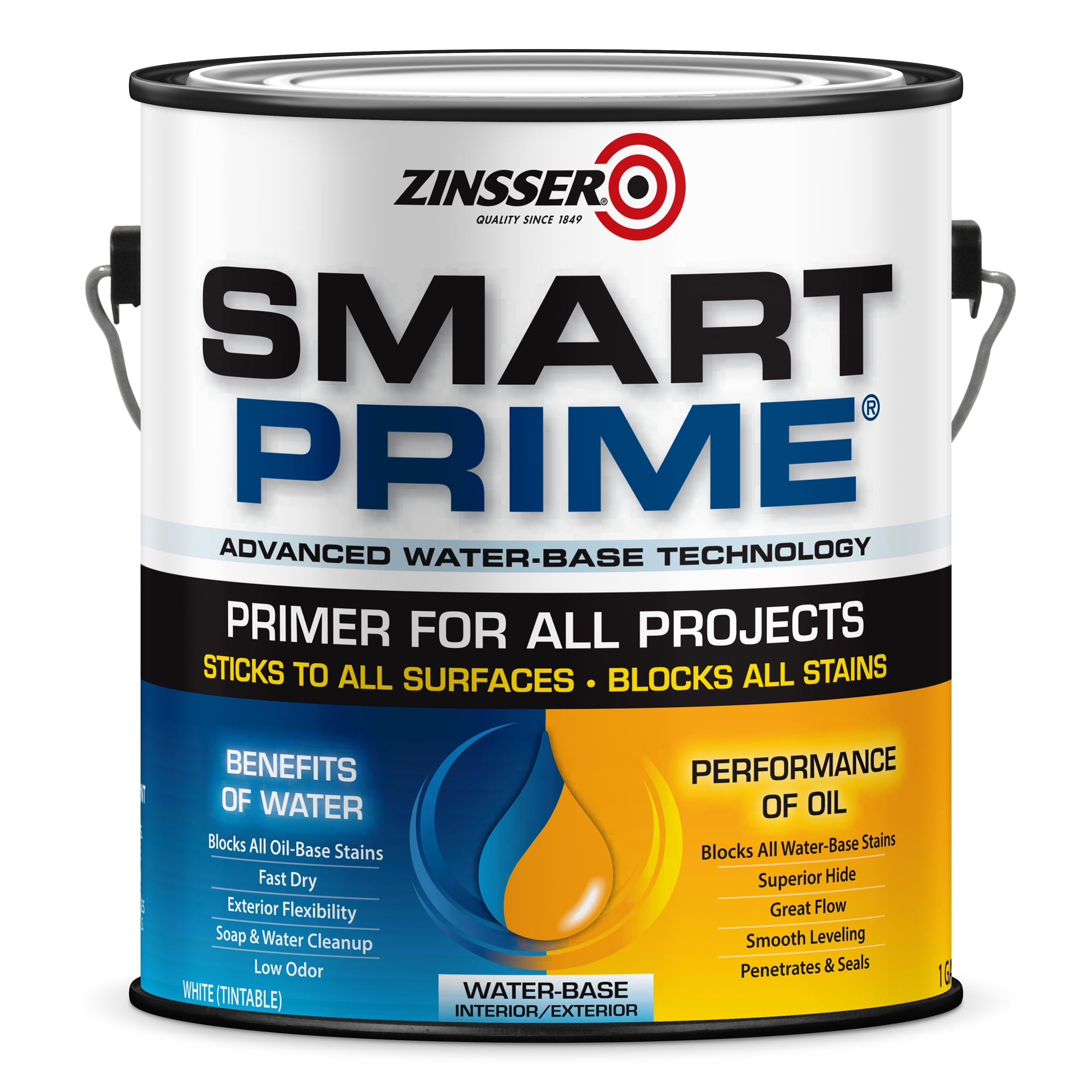 2 Pack, White, Zinsser Smart Prime Universal Water-Based Flat Primer- 249729, Gallon