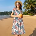 thumbnail image 4 of Picia Tropical Leaves Pattern Women's Short Sleeve Summer Dress Pleated Loose Swing Knee Length Short Sleeve Swing Dresses, 4 of 6