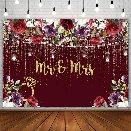 7x5ft Burgundy Floral Mr & Mrs Backdrop Engagement Party Decorations for Couples Wedding Bride and Groom Engaged Ceremony Anniversary Bridal Shower Banner Gold Photography Background Photo Props