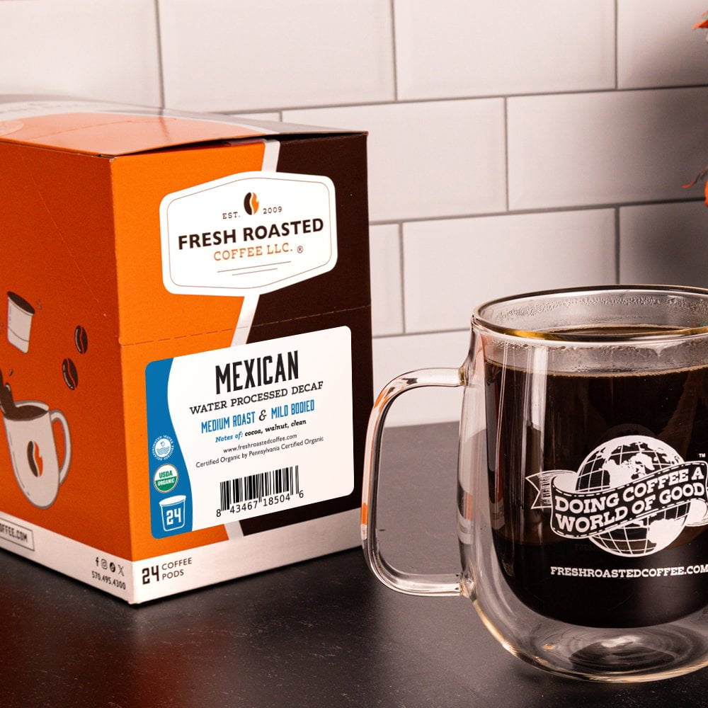 Fresh Roasted Coffee, Organic Mexican Swiss Water Decaf, Medium Roast, K-cup Compatible, 72 Count