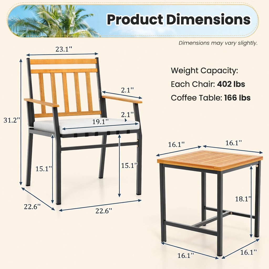 Hommoo 3-Piece Acacia Wood Outdoor Patio Conversation Set with Cushions, Sturdy Metal Frame, Ergonomic Chairs & Coffee Table for Backyard, Deck or Balcony, White