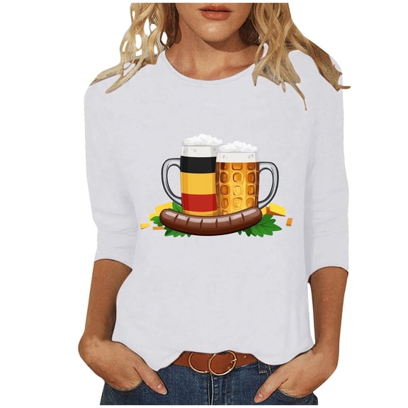 Oplxuo 3/4 Sleeve Oktoberfest Tee Shirts for Women Vintage Beer Graphic Blouse Plus Size V Neck Drinking Funny T-Shirt Top