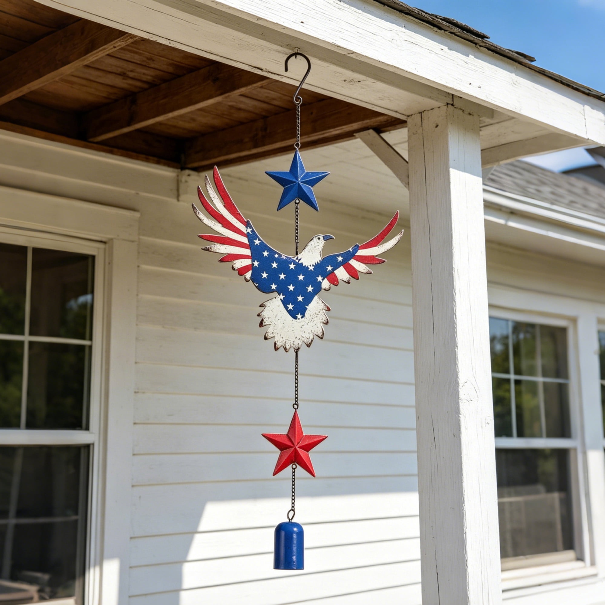 Abble 20 Inch Patriotic Eagle Wind Chime, Rustic Metal American Flag Eagle Hanging Bell Wind Chime with Red Blue Star Ornaments, Weatherproof Outdoor Indoor Patriotic Decor for Porch Garden Yard