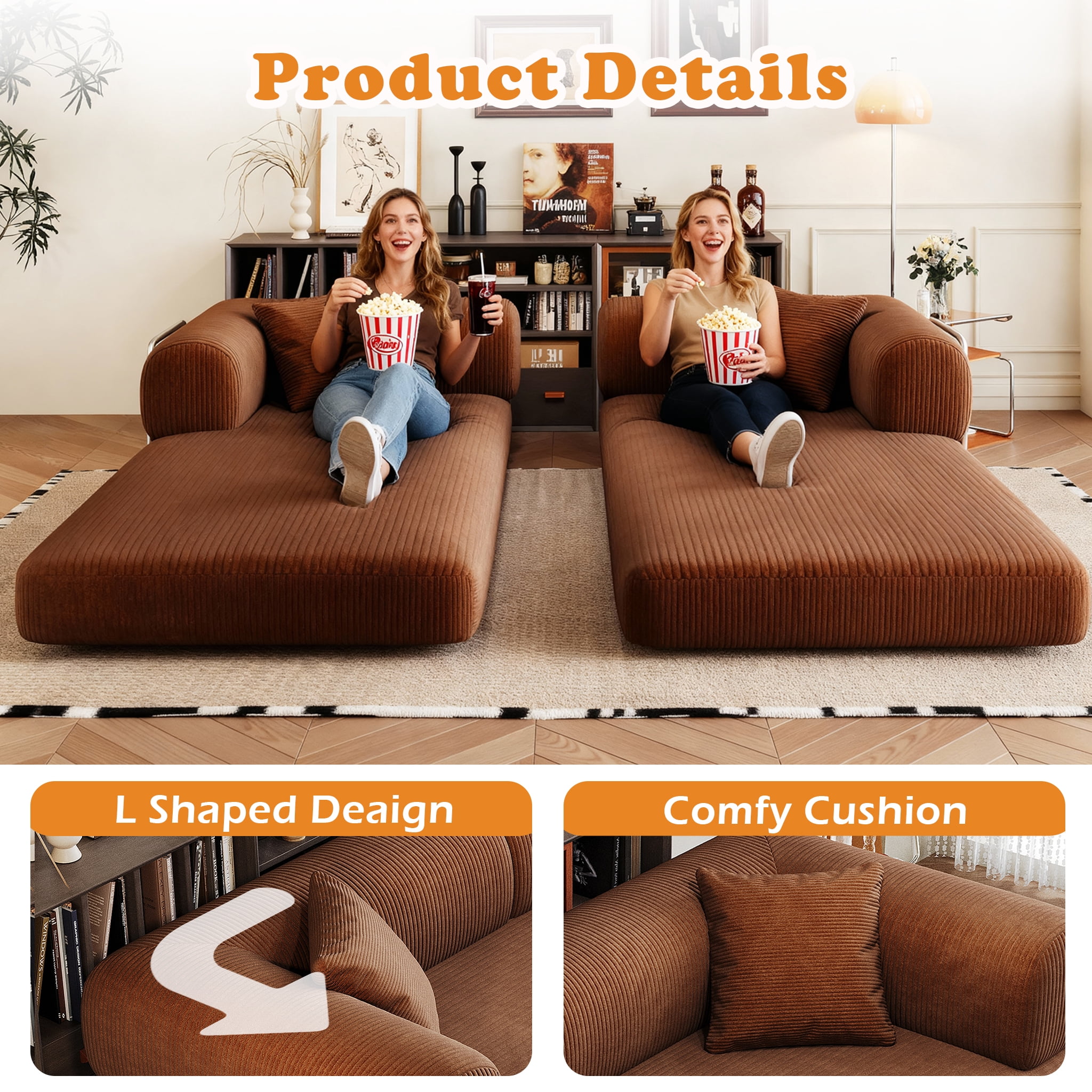Eyisean 78.8" Corduroy Convertible Sofa Bed with Stainless Fixed-Shape Frame, 4-in-1 Boneless Loveseat with Pull-Out Bed, Lounge Futon Sofa Couch Floor Mattress for Living Room, No Assembly Required