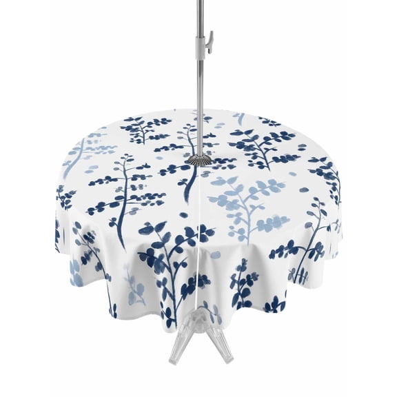 Outdoor Tablecloth with Umbrella Hole for Patio/Picnic/Party/Camping, Blue Botanical Waterproof Table Cloth Round Cover Washable, Spring Floral Watercolor Leaf (Dia 60")