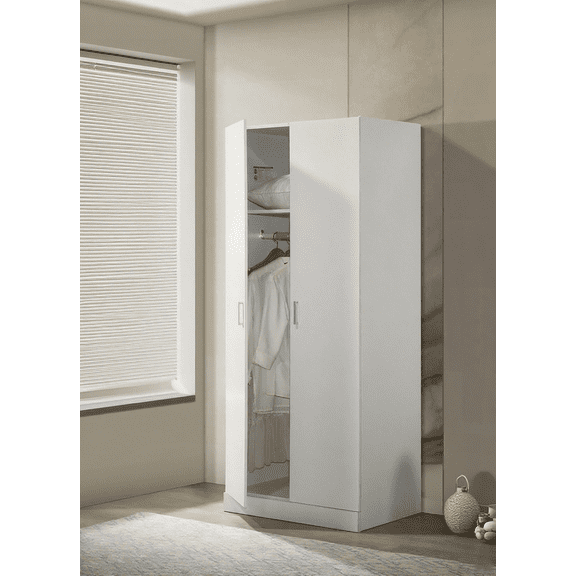 Michael 29.5" White Double Door Wardrobe Cabinet with Shelf & Hanging Rod – Compact Storage Armoire for Bedroom/Closet