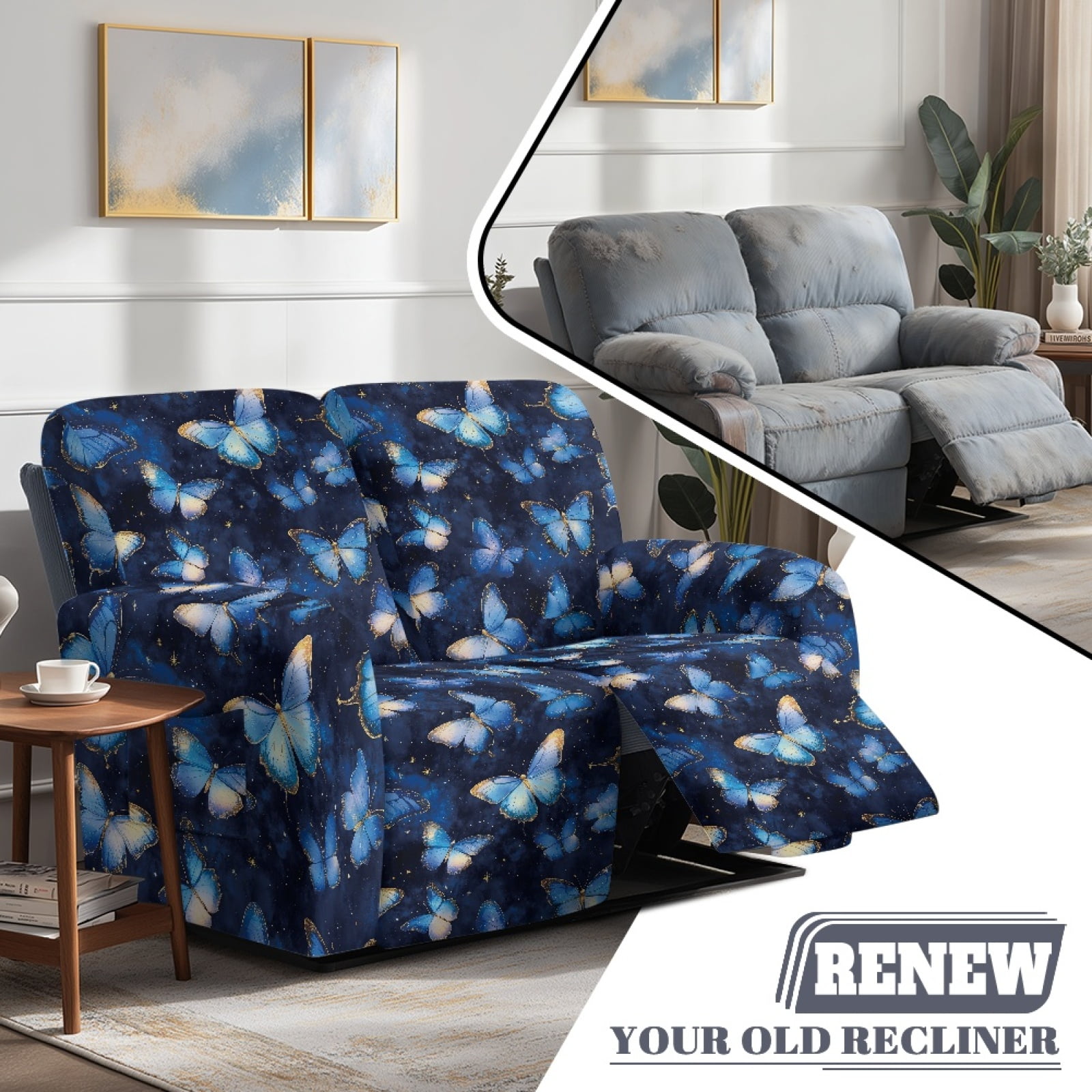 Xoenoiee Blue Butterfly Print 6 Pieces Recliner Loveseat Covers Stretch Recliner Sofa Slipcover with Elastic Bottom Jacquard Fitted Reclining Couch Cover Furniture Protector with Pockets
