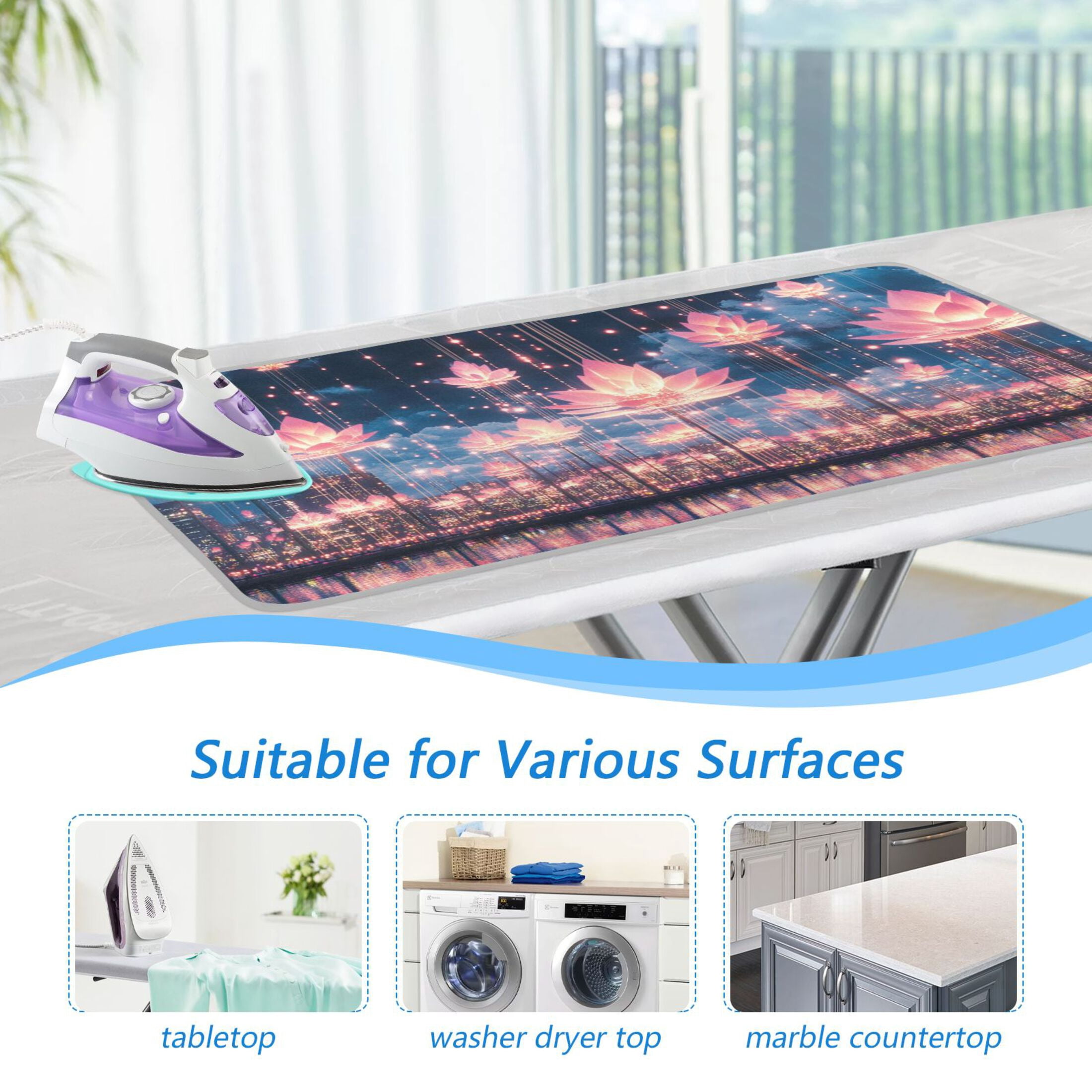 Floating Lotus Flowers at Night Ironing Mat Blanket for Table Top Travel Portable Ironing Board Pad 47.2x27.6 Inch