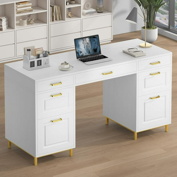 DreamCurship White Desk with 7 Drawers, White and Gold Desk with Storage, 57" Executive Desk with File Drawers, White