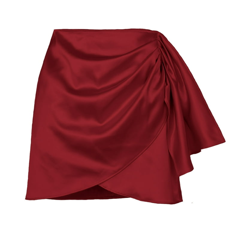 スカート PLEATED WRAP SKIRT - RED Wenseny Women's Satin Side Pleated Wrap Skirts Asymmetrical Ruched