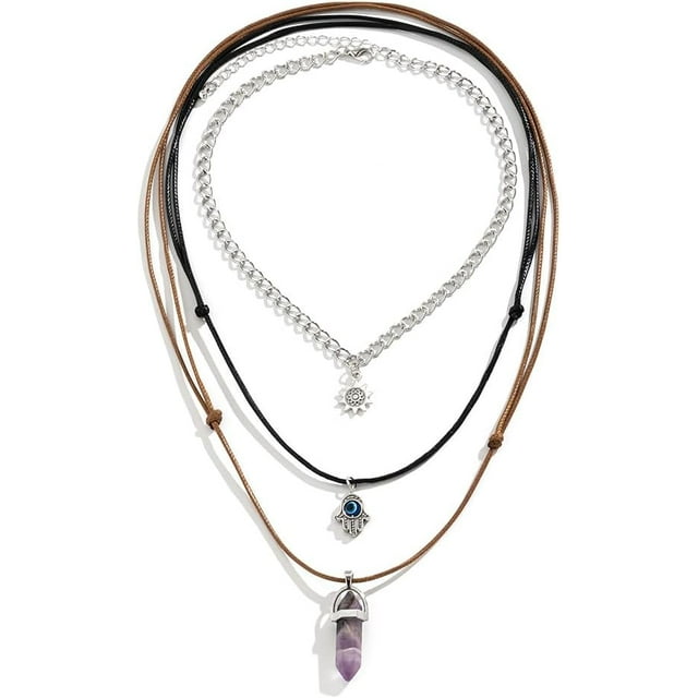 GHSDFBB MJARTORIA Années 90 Multicouche Gothique Punk Élastique Henné Tatouage Ras-du-Cou Extensible Cuir PU Ensemble de Collier à Quartz