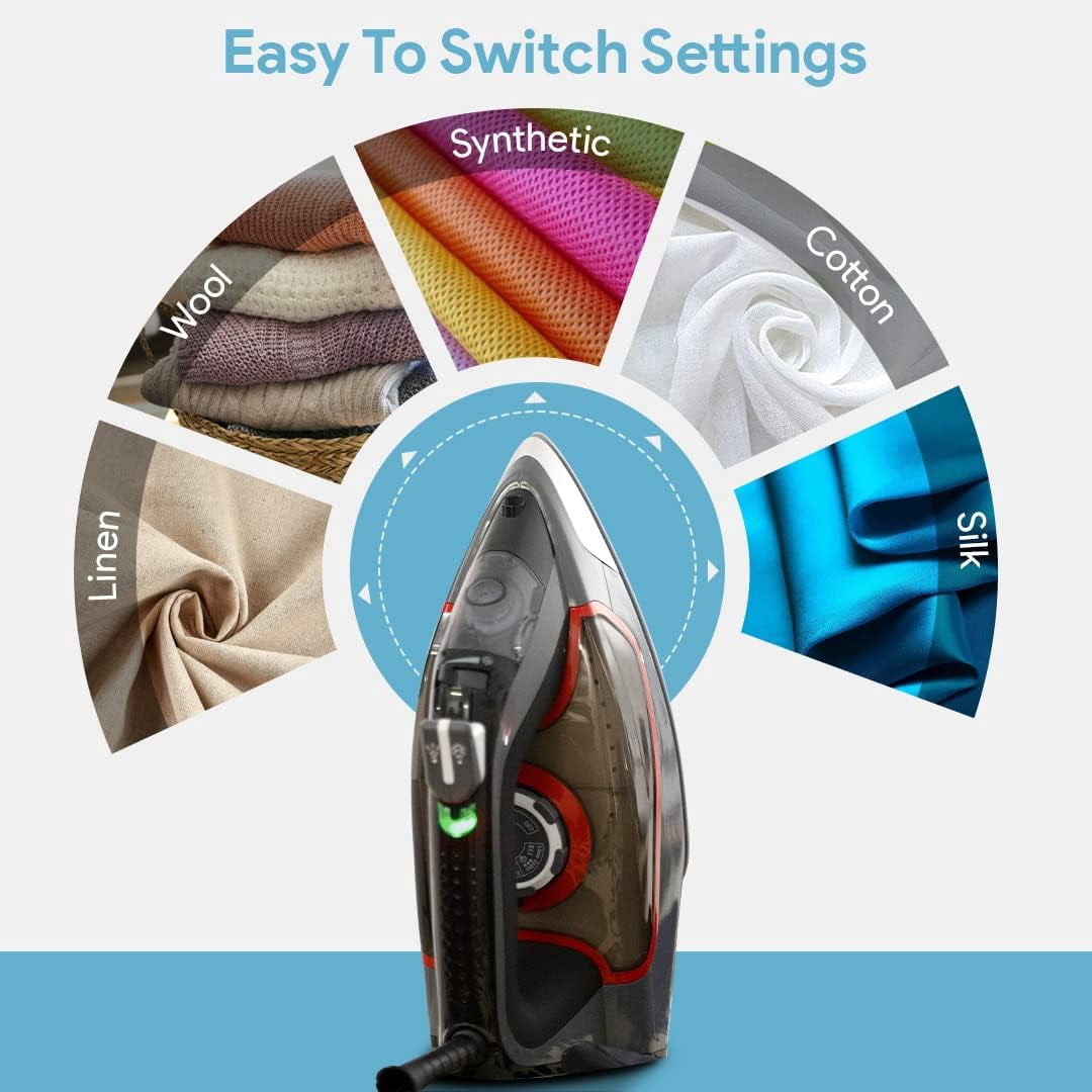 Bartnelli 1700W Pro Luxury Steam Iron for Clothes with Non Stick Ceramic Soleplate, Red, Steam Iron, Iron