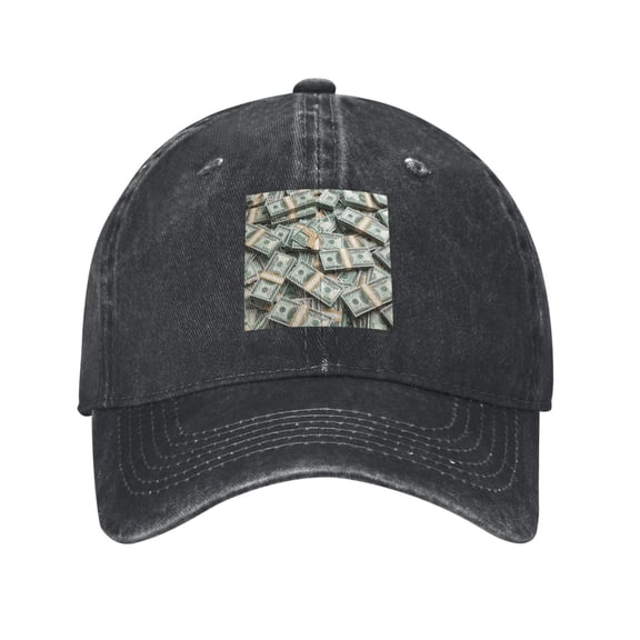 Men Women Washed Twill Baseball Cap Dollars Pattern Adjustable Dad Hat Black