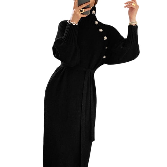 Quixlent Women's Turtleneck Sweater Midi Dress Button High Neck Long Sleeve Dress Fall Ribbed Knit Long Dress with Belt