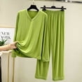 thumbnail image 2 of Women's V-Neck Loungewear Two Piece Set Loose Long Sleeve Top and Straight Leg Full Length Pants Soft Breathable Casual Pajama Set Green, 2 of 7