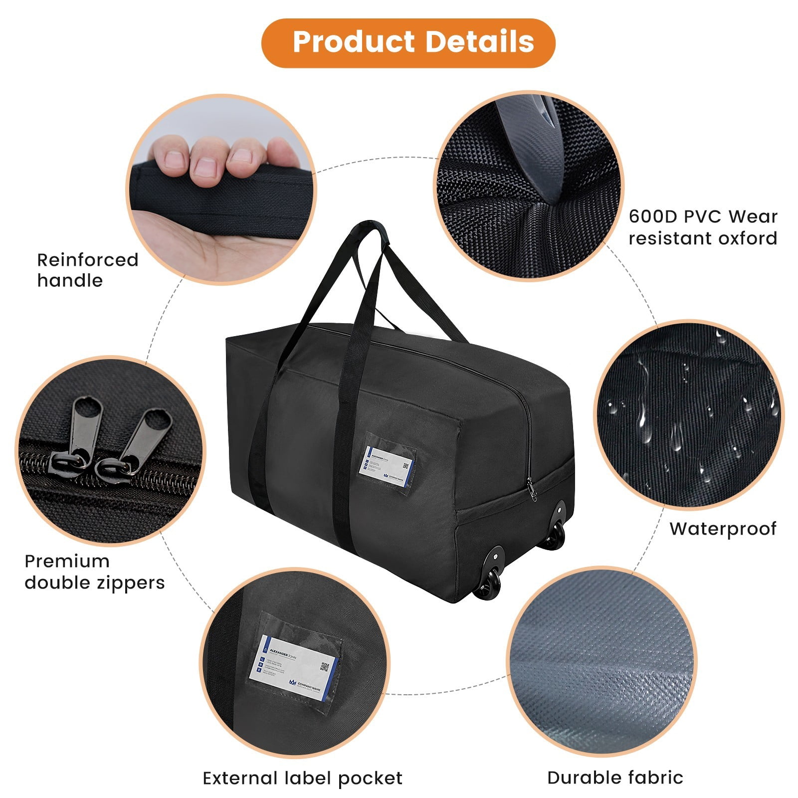 2-Pack 92L Black Heavy Duty Wheeled Duffel Bags, Foldable with Zippers for Moving Travel Storage