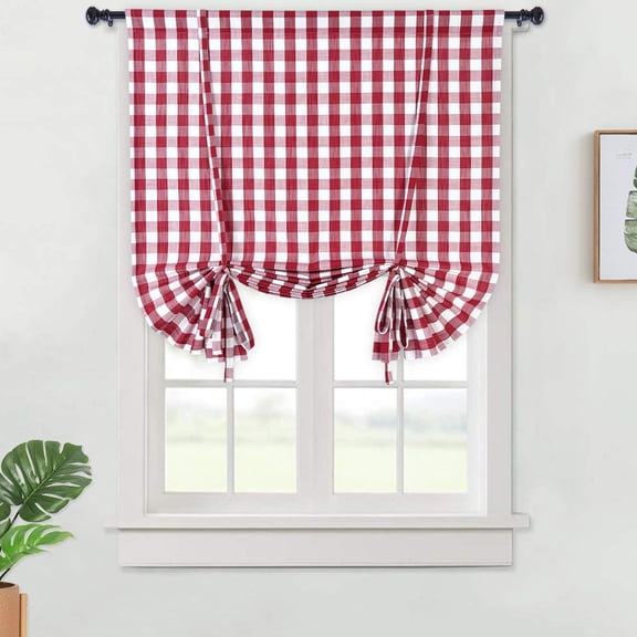 Kitchen Décor, Buffalo Plaid Valance, Classic Country Plaid Gingham Checkered Design, Décor, Window Curtain Treatments (Burgundy, Tie-Up Shade)