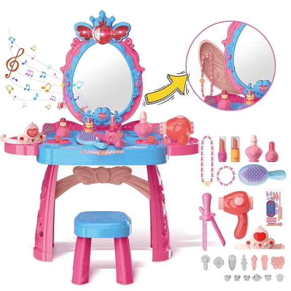 JoyStone Toddler Vanity Makeup Table with Mirror and Chair, Sound and Light Mirror and Accessories, Girls Vanity for Toddlers 1-3 Years Old, Blue