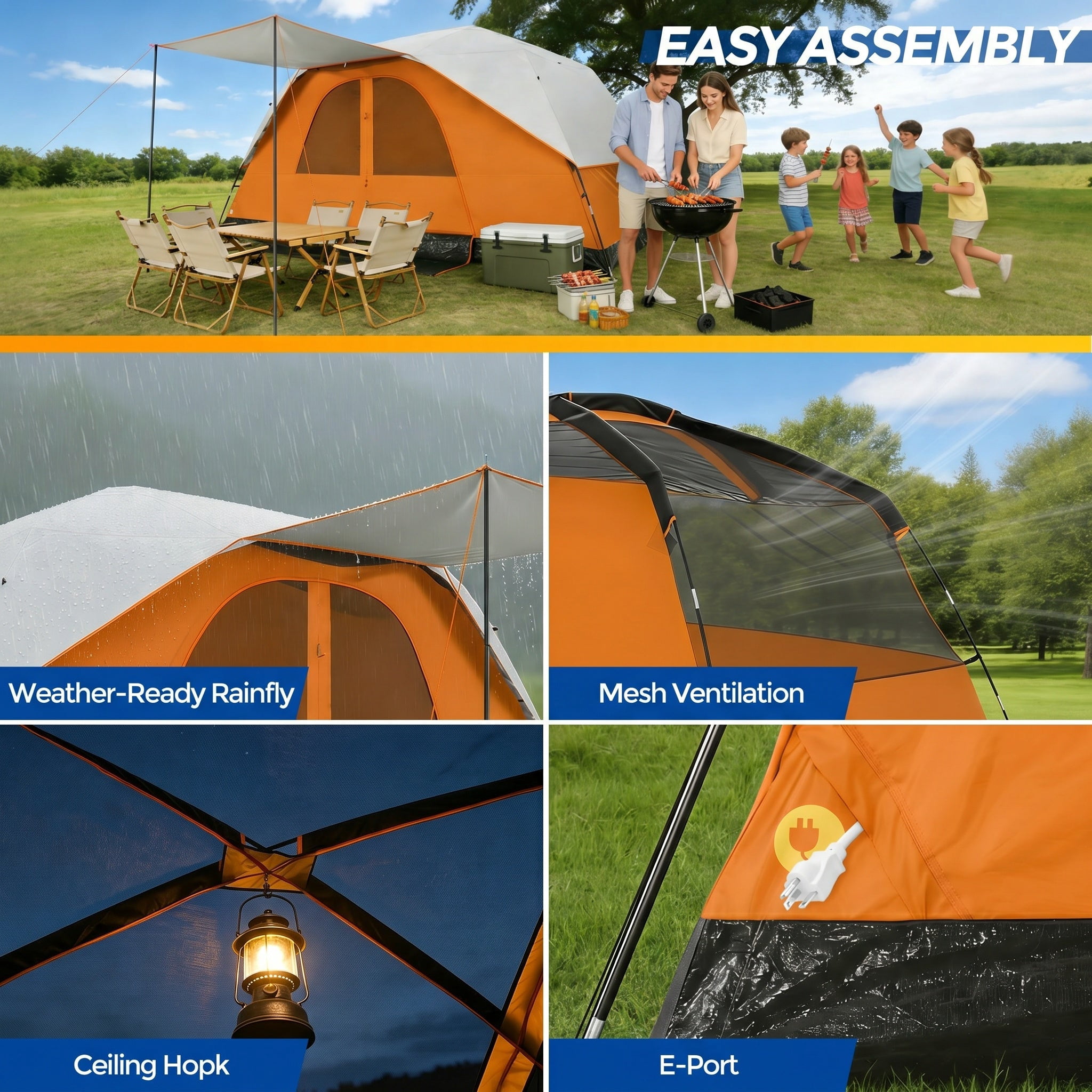 COBIZI 6-8-10 Person Camping Tent,Large Family Cabin Tent with Removable Rainfly,Mesh Roof for Stargazing,84" Tall Center,Waterproof Design,Carry Bag,Orange