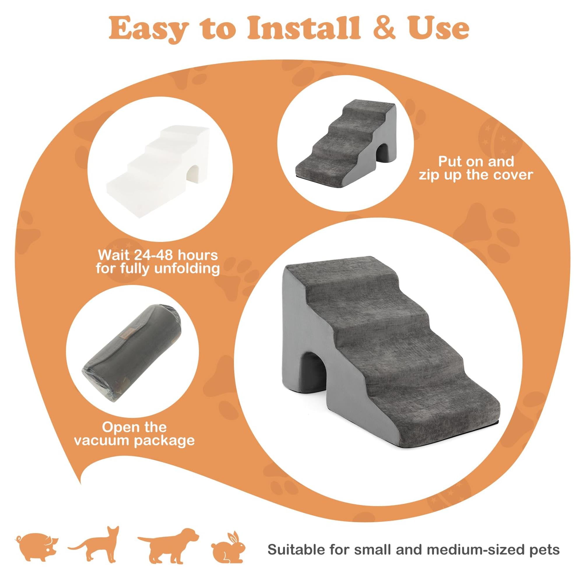 Kadyn 27" Dog Stairs for Small Pets with High-Density Sponge and Silicone Paw Prints, 4-Step Dog Ramp for Beds and Couch, Gray