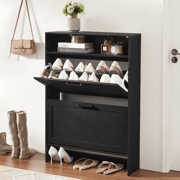 Joaxswe Shoe Storage Cabinet for Entryway, 2 Flip Drawer & Open Storage Shoe Rack Organizer, Wooden Narrow Shoes Cabinet, Black